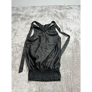 Color Swatch Blouse Women's Size Medium Black Tie Top Halter Stretch Waist EUC